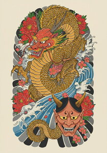 龍 鬼 花 波 鱗 タペストリー 和モダン 和柄 浮世絵風 刺青風 昭和レトロ 壁掛け 大判 長方形 タトゥー ジャパニーズ 男気 アウトロー 壁布 赤 オレンジ 黄色