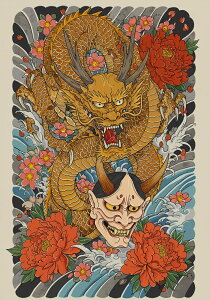 龍 鬼 花 波 伝統 タペストリー 和モダン 和柄 浮世絵風 刺青風 昭和レトロ 壁掛け 大判 長方形 タトゥー ジャパニーズ 男気 アウトロー 壁布 黄色 赤 ピンク