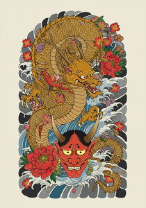 龍 鬼 花 波 鱗 タペストリー 和モダン 和柄 浮世絵風 刺青風 昭和レトロ 壁掛け 大判 長方形 タトゥー ジャパニーズ 男気 アウトロー 壁布 黄色 赤 黒