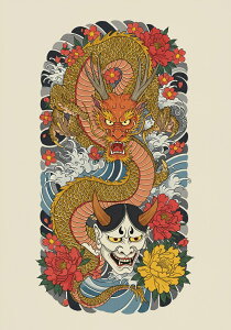 龍 鬼 花 波 刺青 タペストリー 和モダン 和柄 浮世絵風 刺青風 昭和レトロ 壁掛け 大判 長方形 タトゥー ジャパニーズ 男気 アウトロー 壁布 赤 オレンジ 黄色