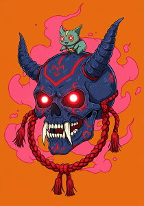 髑髏 鬼 妖怪 悪魔 守護霊 タペストリー 和モダン 和柄 浮世絵風 刺青風 昭和レトロ 壁掛け 大判 長方形 タトゥー ジャパニーズ 男気 アウトロー 壁布 紺 赤 オレンジ