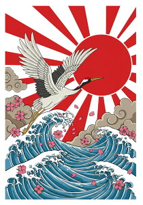 鶴 波 太陽 雲 桜 タペストリー 和モダン 和柄 浮世絵風 刺青風 昭和レトロ 壁掛け 大判 長方形 タトゥー ジャパニーズ 男気 アウトロー 壁布 白 黒 グレー