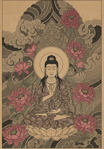 仏陀 蓮 悟り 平和 瞑想 タペストリー 和モダン 和柄 浮世絵風 刺青風 昭和レトロ 壁掛け 大判 長方形 タトゥー ジャパニーズ 男気 アウトロー 壁布 ベージュ ピンク グレー