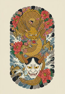 龍 鬼 花 波 和柄 タペストリー 和モダン 浮世絵風 刺青風 昭和レトロ 壁掛け 大判 長方形 タトゥー ジャパニーズ 男気 アウトロー 壁布 黄色 赤 ピンク