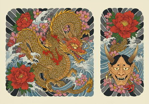 龍 鬼 花 波 桜 タペストリー 和モダン 和柄 浮世絵風 刺青風 昭和レトロ 壁掛け 大判 長方形 タトゥー ジャパニーズ 男気 アウトロー 壁布 赤 ピンク 黄色
