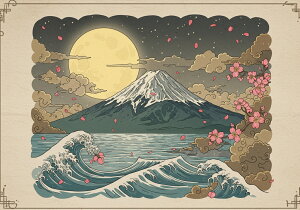 富士山 波 月 桜 雲 タペストリー 和モダン 和柄 浮世絵風 刺青風 昭和レトロ 壁掛け 大判 長方形 タトゥー ジャパニーズ 男気 アウトロー 壁布 青 白 グレー