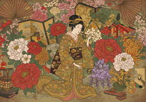 芸者 着物 花 扇子 屏風 タペストリー 和モダン 和柄 浮世絵風 刺青風 昭和レトロ 壁掛け 大判 長方形 タトゥー ジャパニーズ 男気 アウトロー 壁布 ベージュ 赤 ピンク