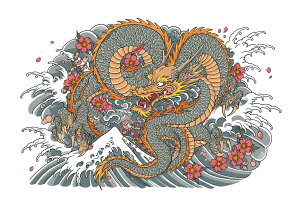 龍 波 桜 雲 日本画 タペストリー 和モダン 和柄 浮世絵風 刺青風 昭和レトロ 壁掛け 大判 長方形 タトゥー ジャパニーズ 男気 アウトロー 壁布 グレー オレンジ ピンク