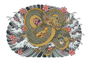 龍 桜 波 和柄 刺青 タペストリー 和モダン 浮世絵風 刺青風 昭和レトロ 壁掛け 大判 長方形 タトゥー ジャパニーズ 男気 アウトロー 壁布 黄色 ベージュ グレー