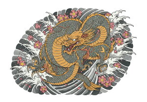 龍 桜 波 鱗 爪 タペストリー 和モダン 和柄 浮世絵風 刺青風 昭和レトロ 壁掛け 大判 長方形 タトゥー ジャパニーズ 男気 アウトロー 壁布 黄色 オレンジ グレー