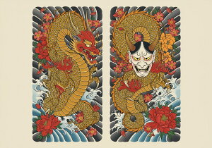 龍 鬼 花 波 和柄 タペストリー 和モダン 浮世絵風 刺青風 昭和レトロ 壁掛け 大判 長方形 タトゥー ジャパニーズ 男気 アウトロー 壁布 赤 オレンジ 黄色