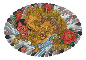龍 鬼 花 波 鱗 タペストリー 和モダン 和柄 浮世絵風 刺青風 昭和レトロ 壁掛け 大判 長方形 タトゥー ジャパニーズ 男気 アウトロー 壁布 赤 オレンジ 黄色