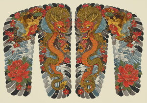 龍 牡丹 波 狛犬 守護 タペストリー 和モダン 和柄 浮世絵風 刺青風 昭和レトロ 壁掛け 大判 長方形 タトゥー ジャパニーズ 男気 アウトロー 壁布 赤 オレンジ 黄色