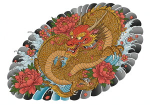 龍 牡丹 波 鱗 爪 タペストリー 和モダン 和柄 浮世絵風 刺青風 昭和レトロ 壁掛け 大判 長方形 タトゥー ジャパニーズ 男気 アウトロー 壁布 赤 オレンジ 黄色