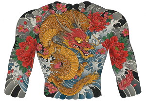 龍 牡丹 波 桜 刺青 タペストリー 和モダン 和柄 浮世絵風 刺青風 昭和レトロ 壁掛け 大判 長方形 タトゥー ジャパニーズ 男気 アウトロー 壁布 赤 オレンジ 黄色