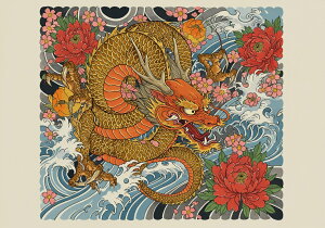 龍 牡丹 桜 波 鱗 タペストリー 和モダン 和柄 浮世絵風 刺青風 昭和レトロ 壁掛け 大判 長方形 タトゥー ジャパニーズ 男気 アウトロー 壁布 赤 オレンジ 黄色
