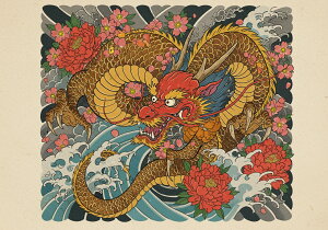 龍 竜 花 波 雲 タペストリー 和モダン 和柄 浮世絵風 刺青風 昭和レトロ 壁掛け 大判 長方形 タトゥー ジャパニーズ 男気 アウトロー 壁布 赤 黄色 ベージュ