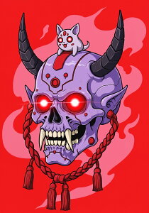 鬼 髑髏 子犬 角 炎 タペストリー 和モダン 和柄 浮世絵風 刺青風 昭和レトロ 壁掛け 大判 長方形 タトゥー ジャパニーズ 男気 アウトロー 壁布 赤 紫 黒