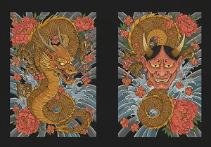 龍 鬼 花 波 鱗 タペストリー 和モダン 和柄 浮世絵風 刺青風 昭和レトロ 壁掛け 大判 長方形 タトゥー ジャパニーズ 男気 アウトロー 壁布 赤 オレンジ 黄色