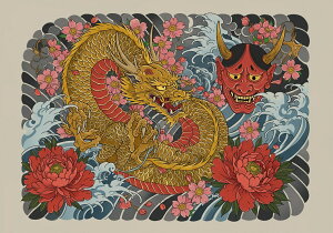 龍 鬼 桜 波 牡丹 タペストリー 和モダン 和柄 浮世絵風 刺青風 昭和レトロ 壁掛け 大判 長方形 タトゥー ジャパニーズ 男気 アウトロー 壁布 黄色 赤 ピンク