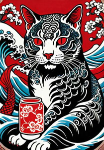 猫 招き猫 和風 縁起物 浮世絵 タペストリー 和モダン 和柄 浮世絵風 刺青風 昭和レトロ 壁掛け 大判 長方形 タトゥー ジャパニーズ 男気 アウトロー 壁布 赤 白 黒