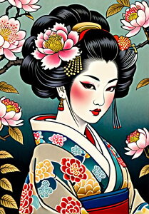 芸者 着物 花 日本画 美人画 タペストリー 和モダン 和柄 浮世絵風 刺青風 昭和レトロ 壁掛け 大判 長方形 タトゥー ジャパニーズ 男気 アウトロー 壁布 黒 白 赤