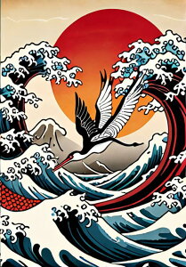 波 鶴 太陽 海 富士山 タペストリー 和モダン 和柄 浮世絵風 刺青風 昭和レトロ 壁掛け 大判 長方形 タトゥー ジャパニーズ 男気 アウトロー 壁布 青 紺 黒