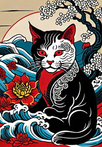 猫 ネコ ねこ 波 花 タペストリー 和モダン 和柄 浮世絵風 刺青風 昭和レトロ 壁掛け 大判 長方形 タトゥー ジャパニーズ 男気 アウトロー 壁布 黒 白 赤