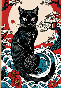 猫 波 月 花 木 タペストリー 和モダン 和柄 浮世絵風 刺青風 昭和レトロ 壁掛け 大判 長方形 タトゥー ジャパニーズ 男気 アウトロー 壁布 赤 黒 白