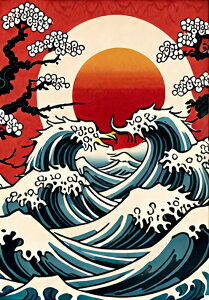 波 海 太陽 木 自然 タペストリー 和モダン 和柄 浮世絵風 刺青風 昭和レトロ 壁掛け 大判 長方形 タトゥー ジャパニーズ 男気 アウトロー 壁布 赤 オレンジ 白