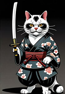 猫 侍 刀 着物 武士道 タペストリー 和モダン 和柄 浮世絵風 刺青風 昭和レトロ 壁掛け 大判 長方形 タトゥー ジャパニーズ 男気 アウトロー 壁布 白 黒 グレー