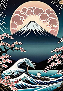 富士山 波 桜 月 浮世絵 タペストリー 和モダン 和柄 浮世絵風 刺青風 昭和レトロ 壁掛け 大判 長方形 タトゥー ジャパニーズ 男気 アウトロー 壁布 紺 白 ピンク