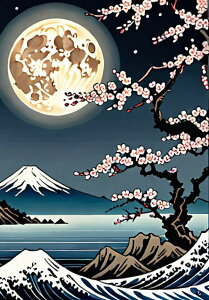 月 桜 富士山 波 木 タペストリー 和モダン 和柄 浮世絵風 刺青風 昭和レトロ 壁掛け 大判 長方形 タトゥー ジャパニーズ 男気 アウトロー 壁布 紺 白 ベージュ