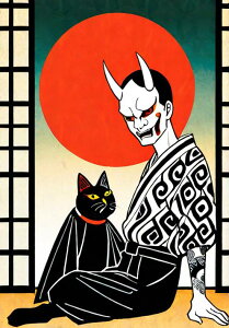 鬼 猫 着物 日輪 刺青 タペストリー 和モダン 和柄 浮世絵風 刺青風 昭和レトロ 壁掛け 大判 長方形 タトゥー ジャパニーズ 男気 アウトロー 壁布 白 黒 赤