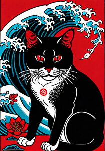 猫 波 花 日本画 浮世絵 タペストリー 和モダン 和柄 浮世絵風 刺青風 昭和レトロ 壁掛け 大判 長方形 タトゥー ジャパニーズ 男気 アウトロー 壁布 赤 黒 白