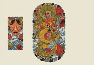 龍 鬼 花 波 和柄 タペストリー 和モダン 浮世絵風 刺青風 昭和レトロ 壁掛け 大判 長方形 タトゥー ジャパニーズ 男気 アウトロー 壁布 赤 黄色 ベージュ