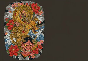 龍 鬼 花 波 鱗 タペストリー 和モダン 和柄 浮世絵風 刺青風 昭和レトロ 壁掛け 大判 長方形 タトゥー ジャパニーズ 男気 アウトロー 壁布 黄色 赤 ピンク