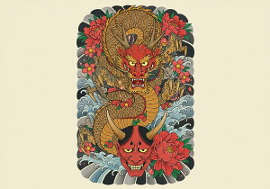 龍 鬼 花 波 鱗 タペストリー 和モダン 和柄 浮世絵風 刺青風 昭和レトロ 壁掛け 大判 長方形 タトゥー ジャパニーズ 男気 アウトロー 壁布 赤 オレンジ 黄色