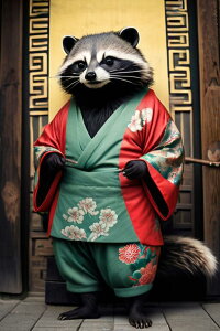 タヌキ 着物 和風 花柄 伝統 タペストリー 和柄 大きい 男気 日本画風 入れ墨風 アウトロー 縦型 縦配信 大自然 インテリア 撮影背景 壁掛け 大判 長方形 壁布 赤 緑 ベージュ