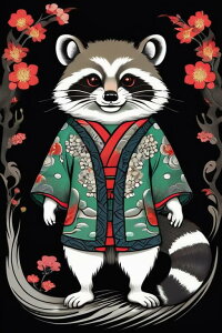 アライグマ 着物 花 日本文化 可愛い タペストリー 和柄 和風 大きい 男気 日本画風 入れ墨風 アウトロー 縦型 縦配信 大自然 インテリア 撮影背景 壁掛け 大判 長方形 壁布 黒 白 赤