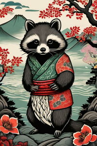 アライグマ 着物 桜 富士山 日本画 タペストリー 和柄 和風 大きい 男気 日本画風 入れ墨風 アウトロー 縦型 縦配信 大自然 インテリア 撮影背景 壁掛け 大判 長方形 壁布 黒 白 グレー