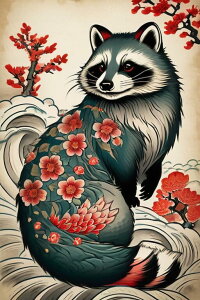 アライグマ 花 波 浮世絵 芸術 タペストリー 和柄 和風 大きい 男気 日本画風 入れ墨風 アウトロー 縦型 縦配信 大自然 インテリア 撮影背景 壁掛け 大判 長方形 壁布 紺 黒 白