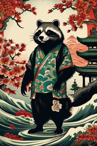 アライグマ 着物 桜 寺 波 タペストリー 和柄 和風 大きい 男気 日本画風 入れ墨風 アウトロー 縦型 縦配信 大自然 インテリア 撮影背景 壁掛け 大判 長方形 壁布 黒 白 赤