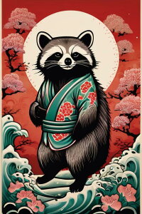 アライグマ 着物 波 桜 月 タペストリー 和柄 和風 大きい 男気 日本画風 入れ墨風 アウトロー 縦型 縦配信 大自然 インテリア 撮影背景 壁掛け 大判 長方形 壁布 赤 ピンク 白