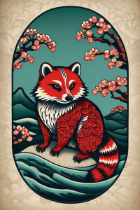 タヌキ 桜 波 山 自然 タペストリー 和柄 和風 大きい 男気 日本画風 入れ墨風 アウトロー 縦型 縦配信 大自然 インテリア 撮影背景 壁掛け 大判 長方形 壁布 赤 白 黒