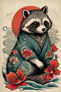 アライグマ 着物 花 太陽 雲 タペストリー 和柄 和風 大きい 男気 日本画風 入れ墨風 アウトロー 縦型 縦配信 大自然 インテリア 撮影背景 壁掛け 大判 長方形 壁布 白 黒 グレー