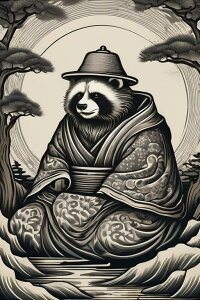 アライグマ 着物 禅 瞑想 平和 タペストリー 和柄 和風 大きい 男気 日本画風 入れ墨風 アウトロー 縦型 縦配信 大自然 インテリア 撮影背景 壁掛け 大判 長方形 壁布 白 黒 グレー