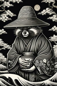 狸 着物 笠 陶器 月 タペストリー 和柄 和風 大きい 男気 日本画風 入れ墨風 アウトロー 縦型 縦配信 大自然 インテリア 撮影背景 壁掛け 大判 長方形 壁布 黒 白 グレー