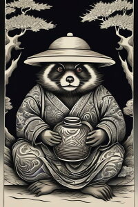 タヌキ 笠 着物 徳利 盆栽 タペストリー 和柄 和風 大きい 男気 日本画風 入れ墨風 アウトロー 縦型 縦配信 大自然 インテリア 撮影背景 壁掛け 大判 長方形 壁布 白 黒 グレー