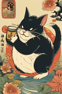 猫 酒 花 日本画 縁起物 タペストリー 和柄 和風 大きい 男気 日本画風 入れ墨風 アウトロー 縦型 縦配信 大自然 インテリア 撮影背景 壁掛け 大判 長方形 壁布 黒 白 赤